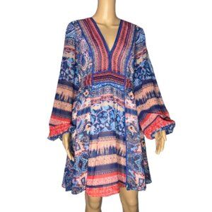 Bebe Multicolor Bohemian Mini Long Sleeve Fully Lined V-Neck Dress Women’s Large